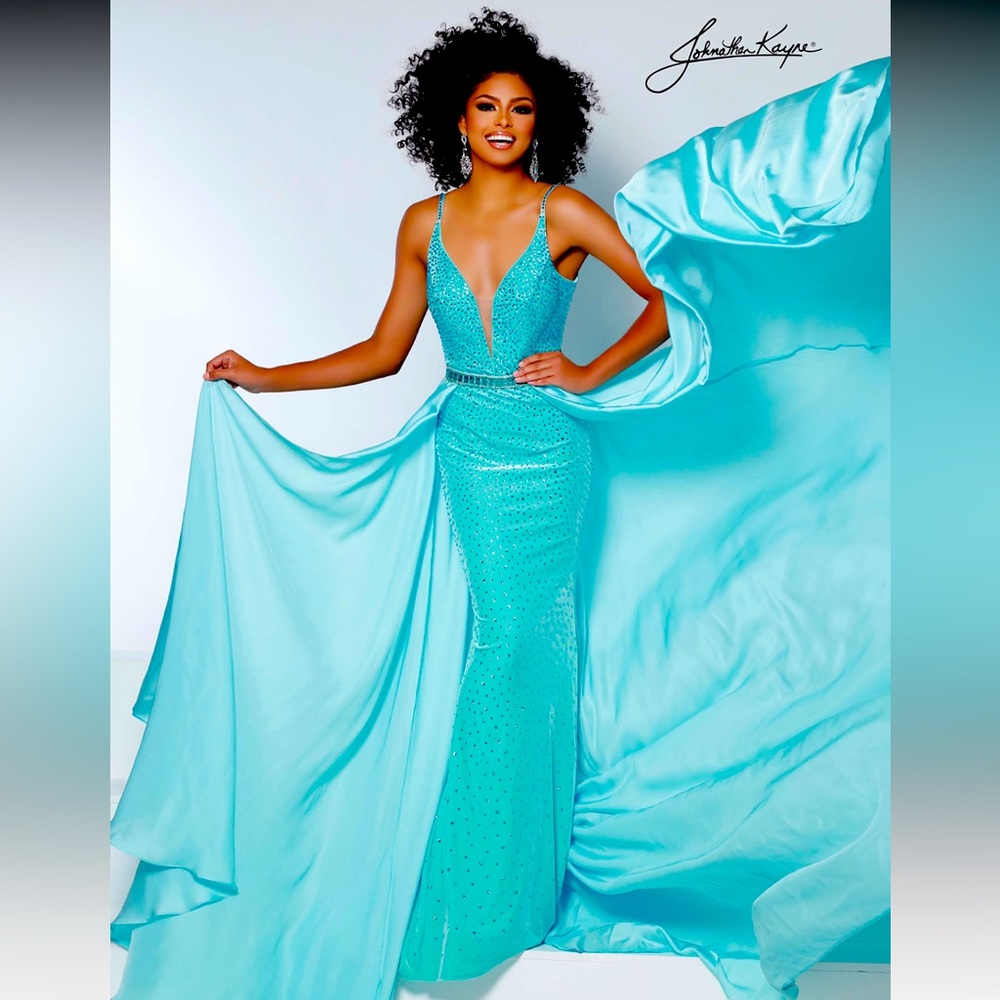 Johnathan Kayne Evening Gown with Cape - Turquoise w/ Crystal embellishment